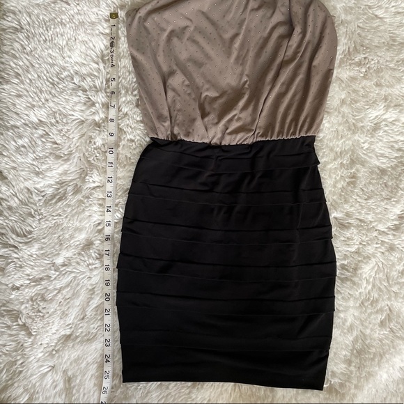 b.too | one-shoulder brown and black rhinestoned dress cinched waist size small - Picture 6 of 11